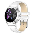 Women's sports smartwatch showing fitness tracking display on wrist, available in black, white, rose gold, and silver.