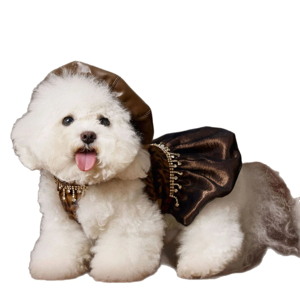 Leopard print polyester dog dress in skirt style, available in sizes XS to XXL for casual autumn pet wear