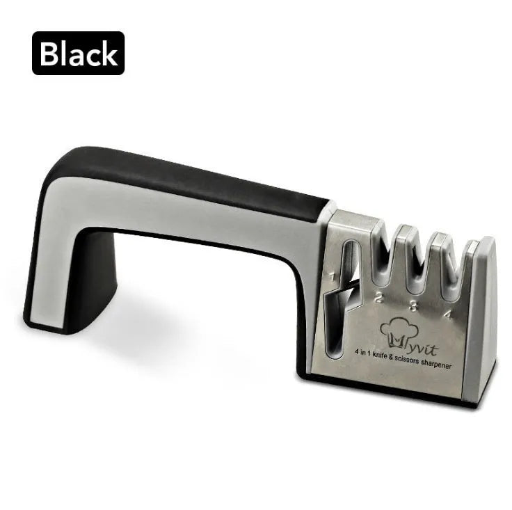 4-in-1 kitchen knife sharpener with TPR and ABS handle, 238 x 50 x 67mm, black or cyan colour options