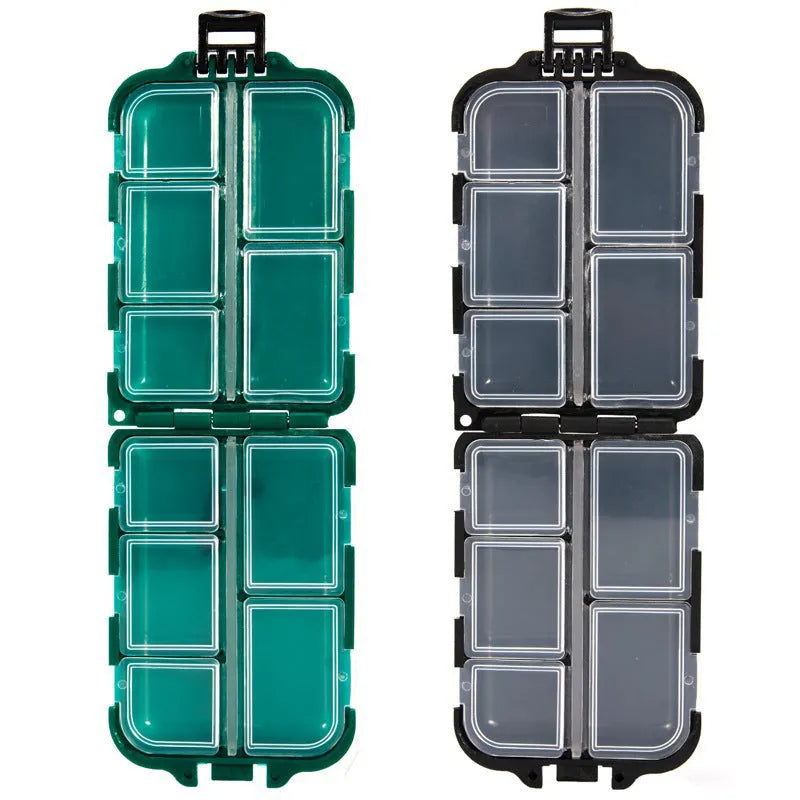 Plastic fishing tackle storage box with 10 internal compartments, shown in black, blue, and green.