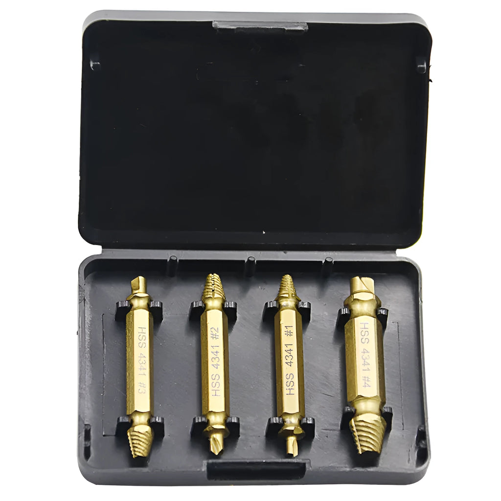 4341 high-speed steel screw extractor set with multiple pieces for removing damaged screws and iron nails.