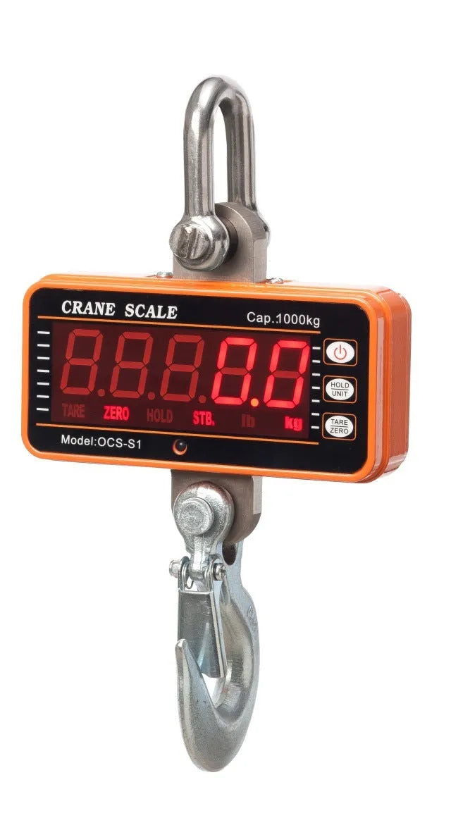 Orange electronic crane scale with digital display for 500kg capacity weighing in logistics and warehousing