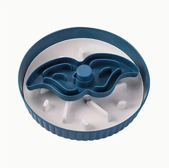 Rotating pet slow feeder bowl with a blue windmill-pattern silicone licking mat inserted.