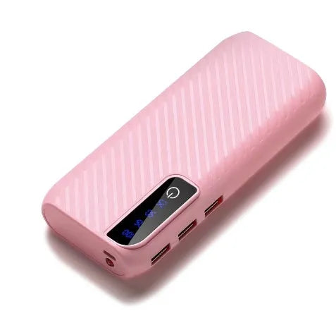 Compact 20000mAh mini power bank in multiple colours showing its size and USB ports.