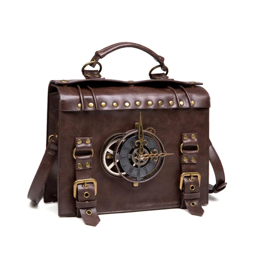 Bronze steampunk industrial retro shoulder bag with metal accents and pillow bag design