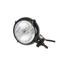 Harley-style motorcycle headlight in black cast aluminium with a circular glass lens.