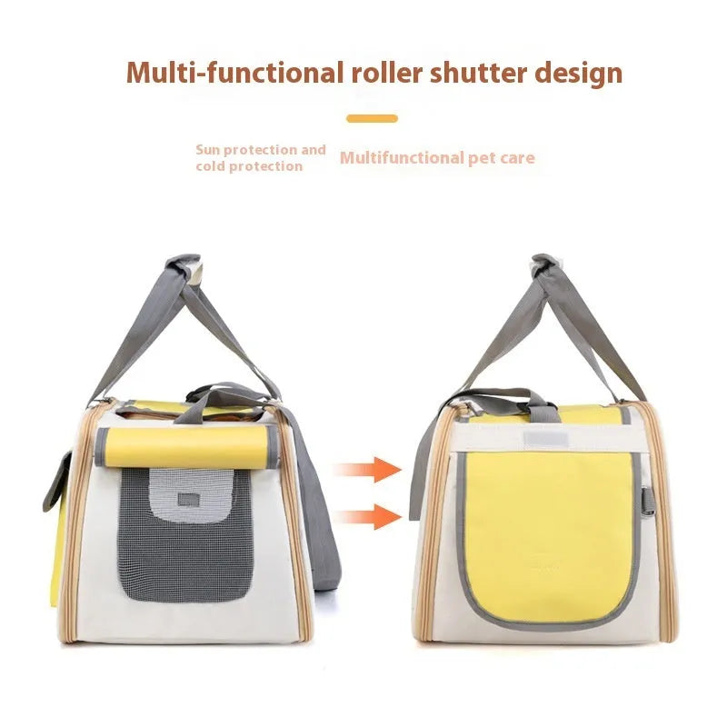 Canvas foldable single shoulder pet bag shown in yellow, green, and black colour options