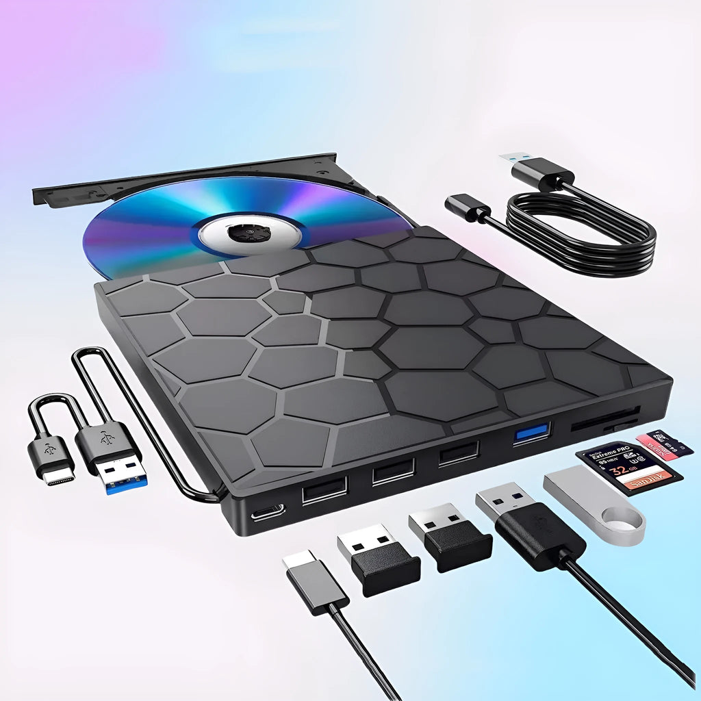 Black USB external CD drive burner with compact dimensions for laptop and PC connectivity