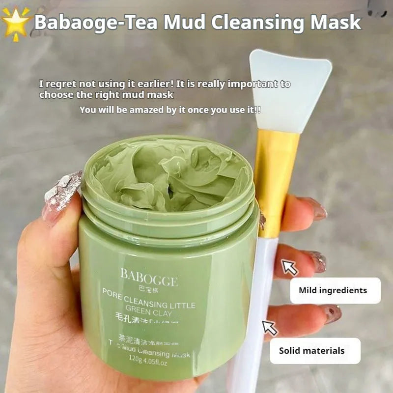 Tea mud cleansing clay facial mask in a 120ml container for deep cleansing.