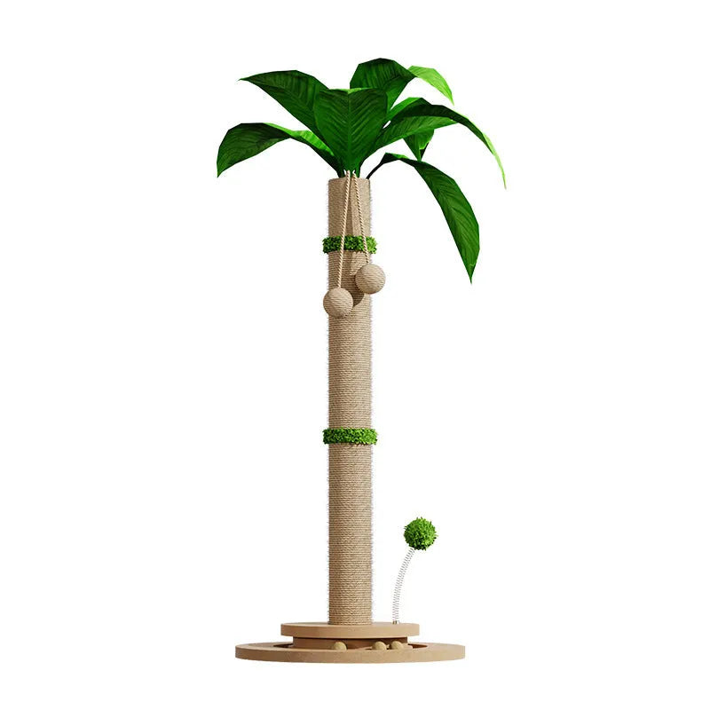 Vertical cat climbing frame with hemp rope posts and canna-coloured platforms.