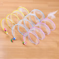S-type cat tunnel toy with steel wire frame, elastic net, and feather attachments