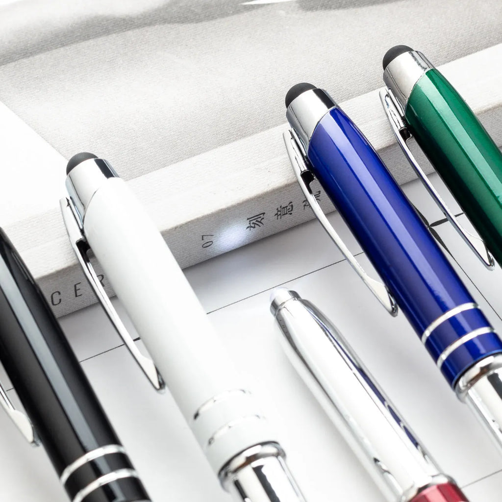 Metal multifunctional pen with capacitive stylus tip, LED light, and ballpoint writing in five colour options