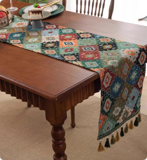 Polyester cotton blend table runner with handwoven tassels in European retro style