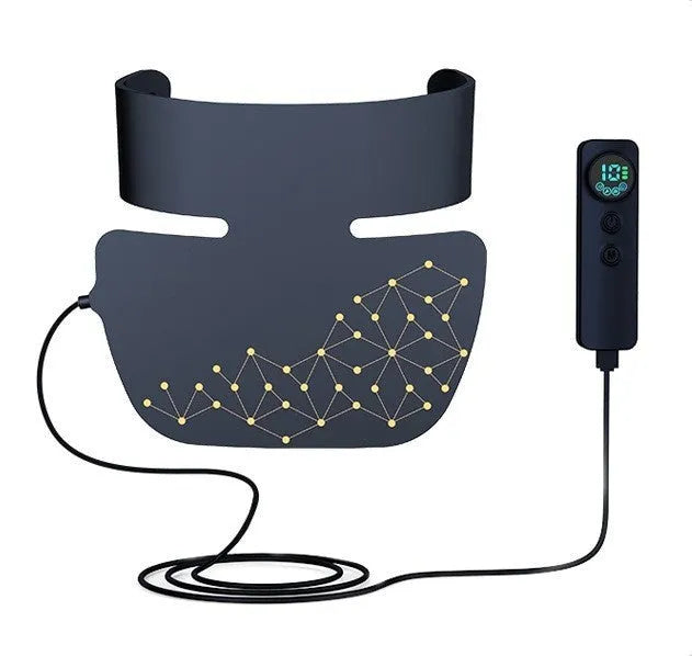 Four-colour LED photon beauty mask showing light therapy panels for facial and neck treatment