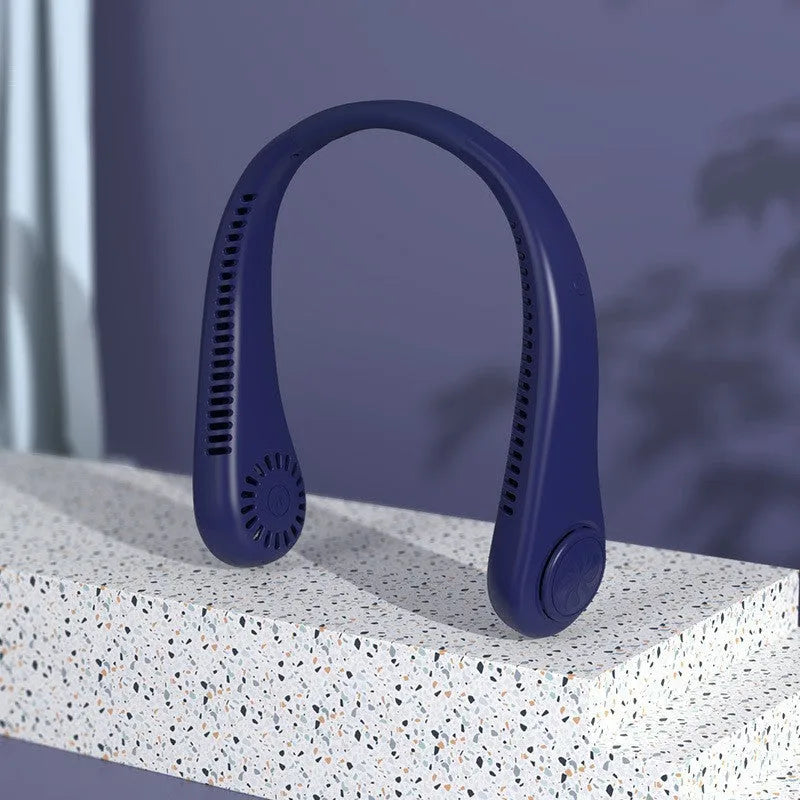 White USB charging portable bladeless neck fan showing flexible neckband and streamlined airflow outlet