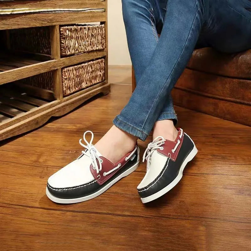 Men's British-style casual shoes in artificial PU with flat heel and round toe, shown in multiple colour options.
