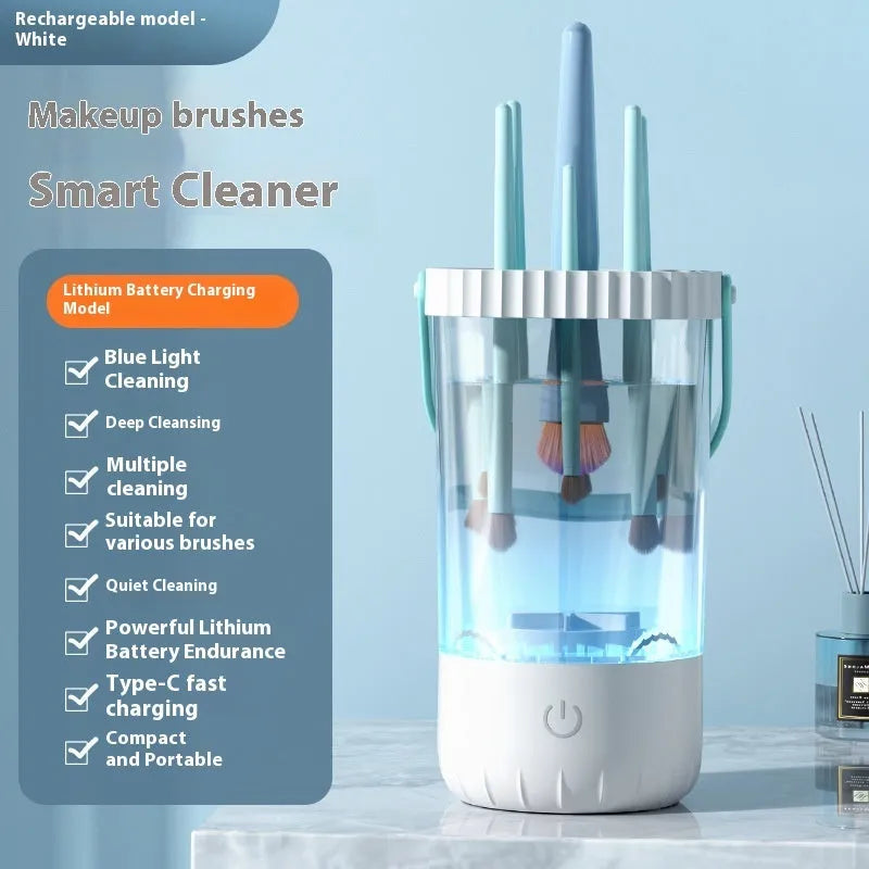 White plastic rechargeable electric makeup brush cleaning device with USB charging cable