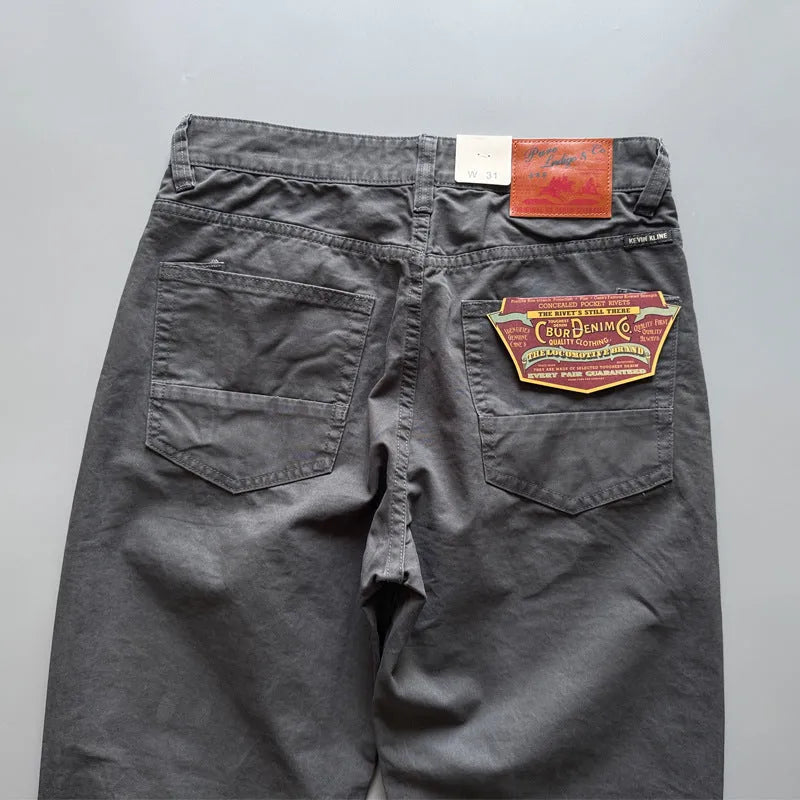 Men's straight leg casual cotton trousers in army green with a mid-waist design, showing front and back view.