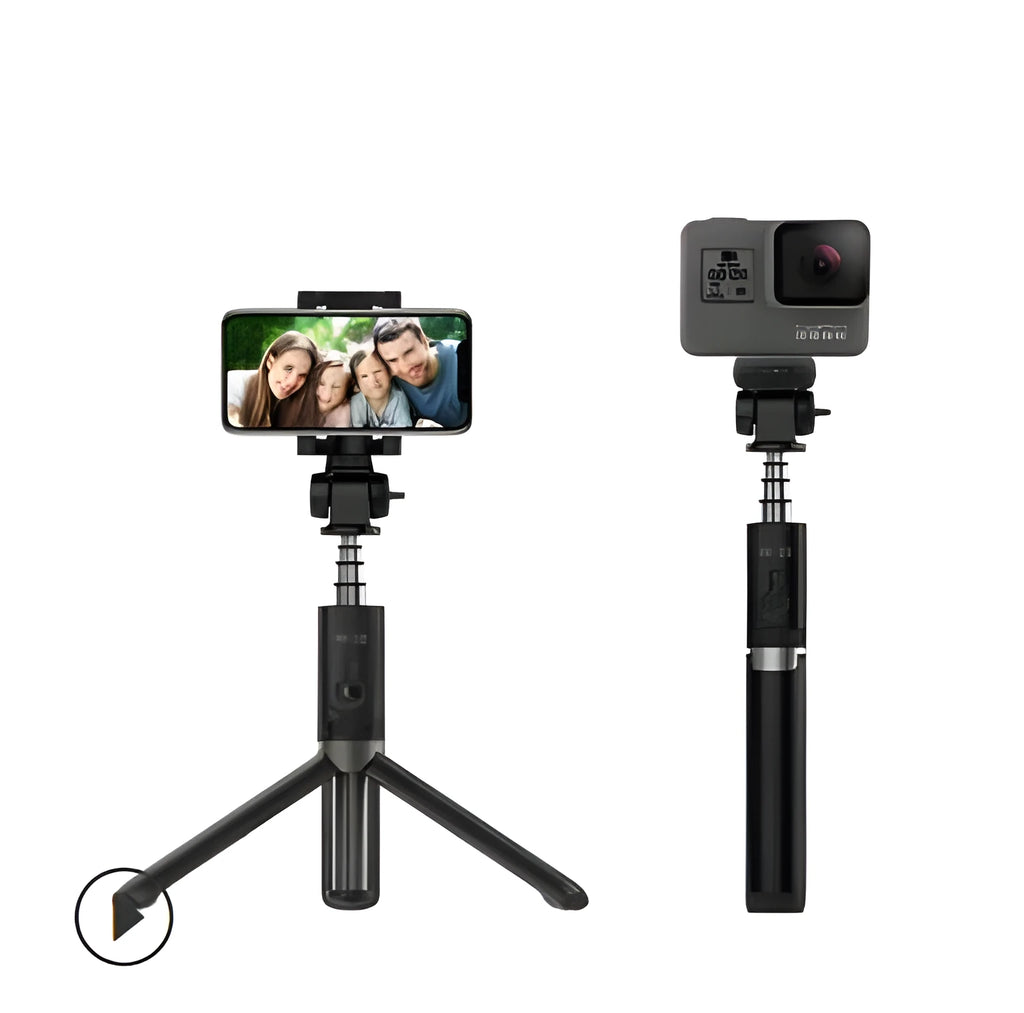 Black Bluetooth selfie stick with extended phone clamp and folded tripod legs