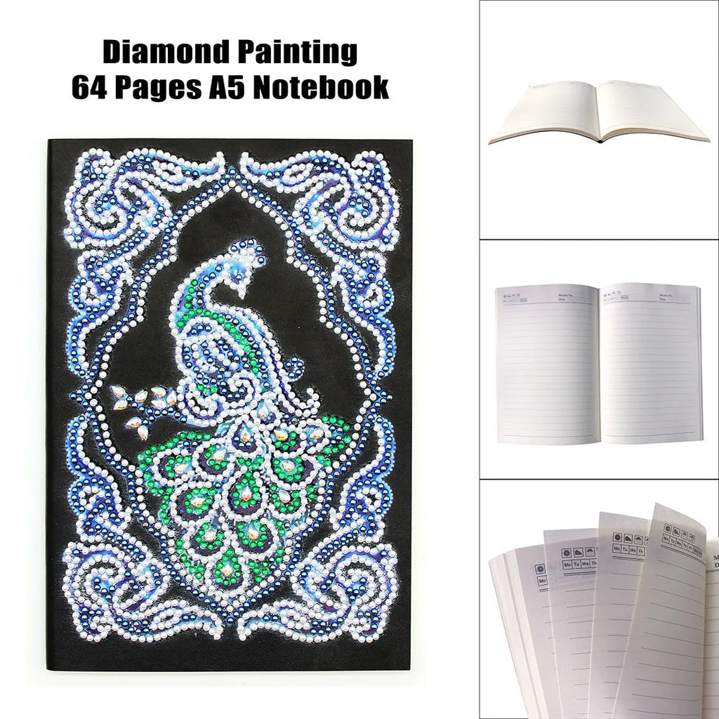 Black A5 diamond painting journal notebook with shaped and bright drill crystals, measuring 142x207mm
