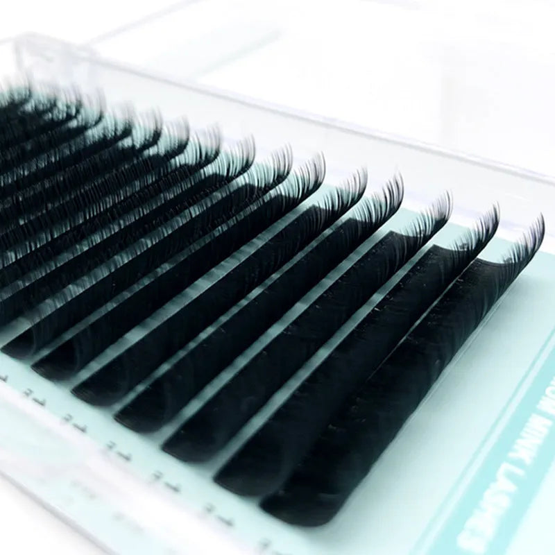 Artificial fibre velvet false eyelashes showing range of lengths from 7mm to 15mm