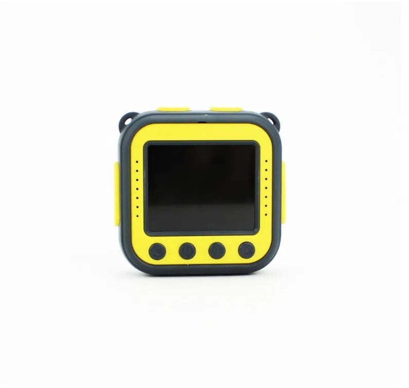 Yellow children's waterproof sports camera showing front with lens and 1.77-inch screen.