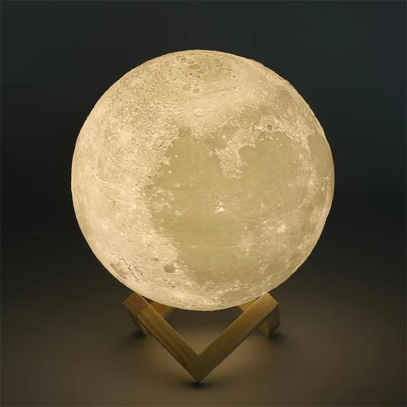 3D printed moon lamp on wooden stand showing touch ring and detailed lunar surface