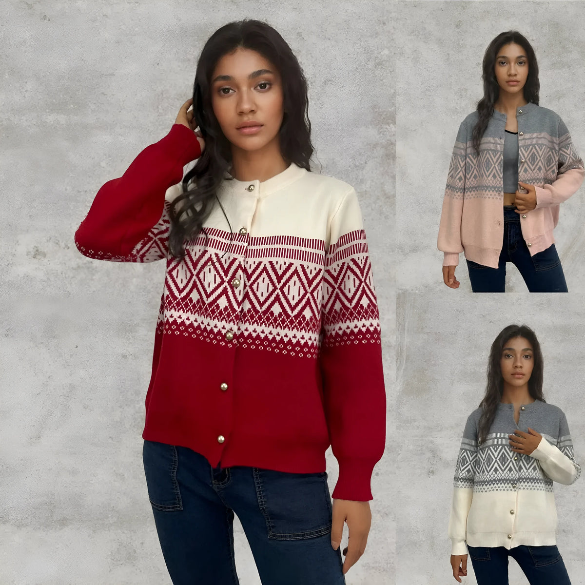 Women's alpaca wool cardigan with diamond knit pattern in contrast red, grey, or pink colours