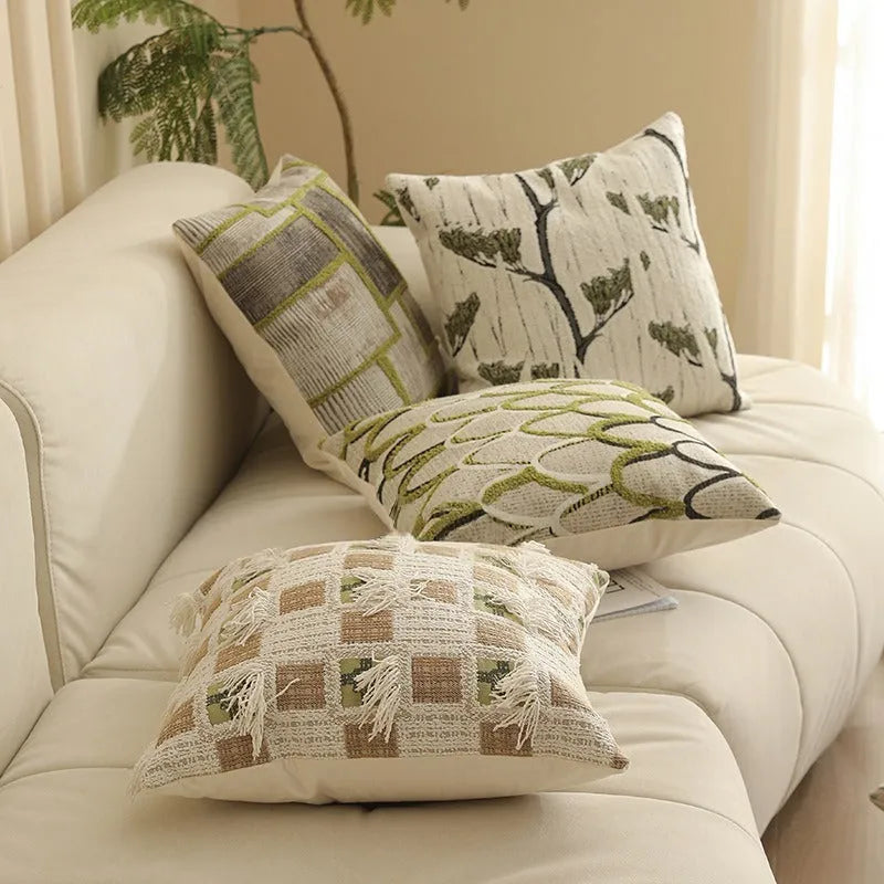 Square Jacquard floral pillow cushion cover in a retro colour, 45cm by 45cm, on a sofa.