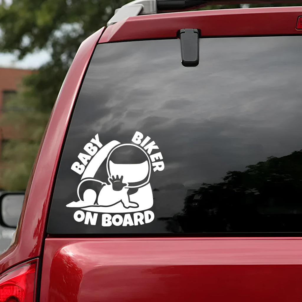 Black and white reflective BABY ON BOARD humorous warning car sticker measuring 14.5 by 15 centimetres.