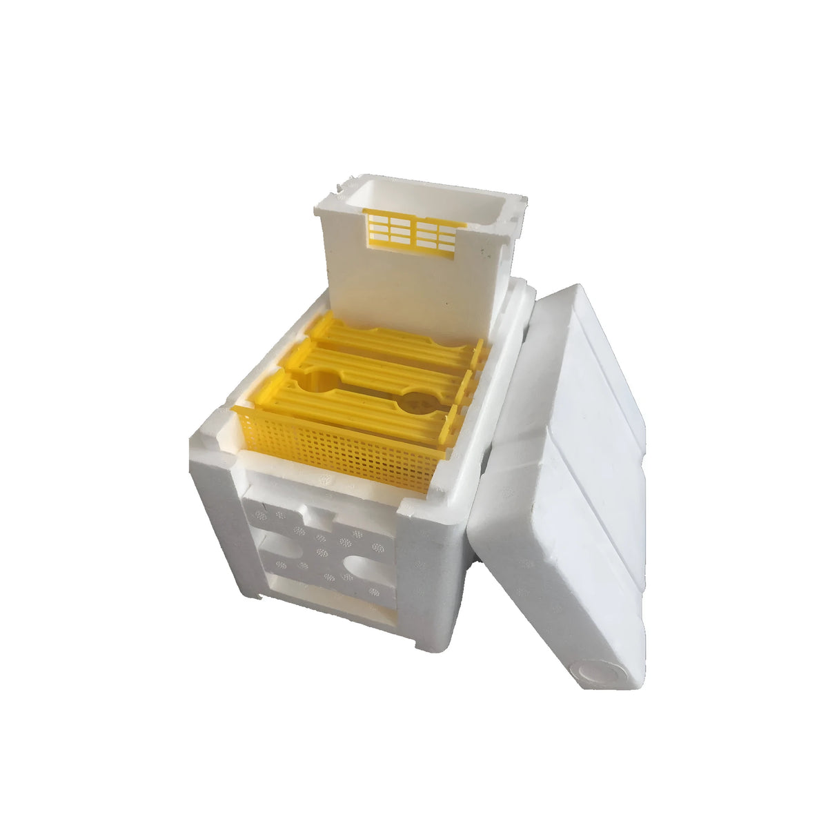 Three white EPS foam bee breeding boxes for beehive tool storage and organisation