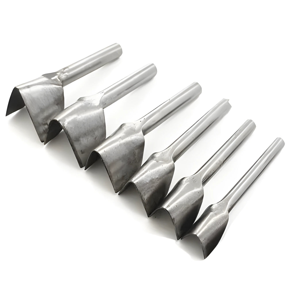 Six steel leather punch tools showing half round and V shaped profiles in sizes from 15mm to 40mm