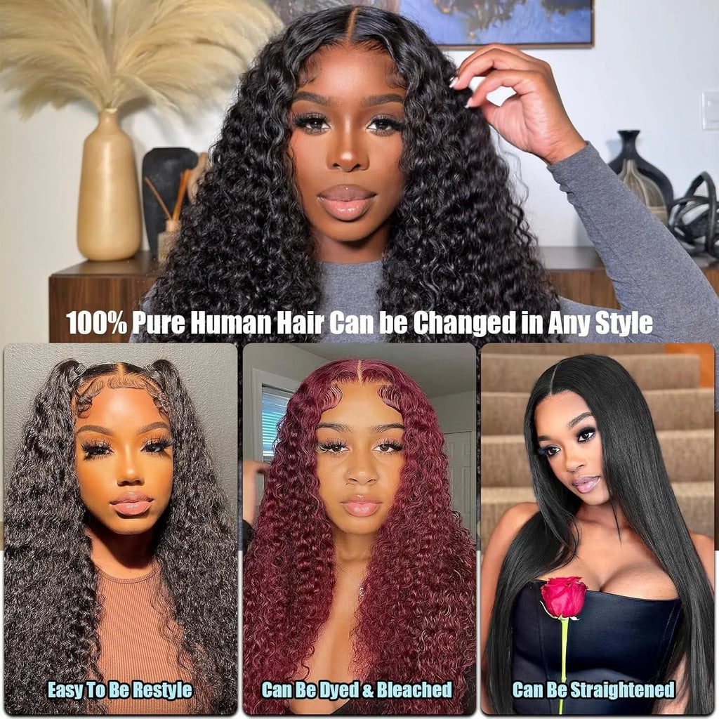 Front lace human hair wig with deep wave style, hand-woven, available in 20cm to 85cm lengths, natural look.