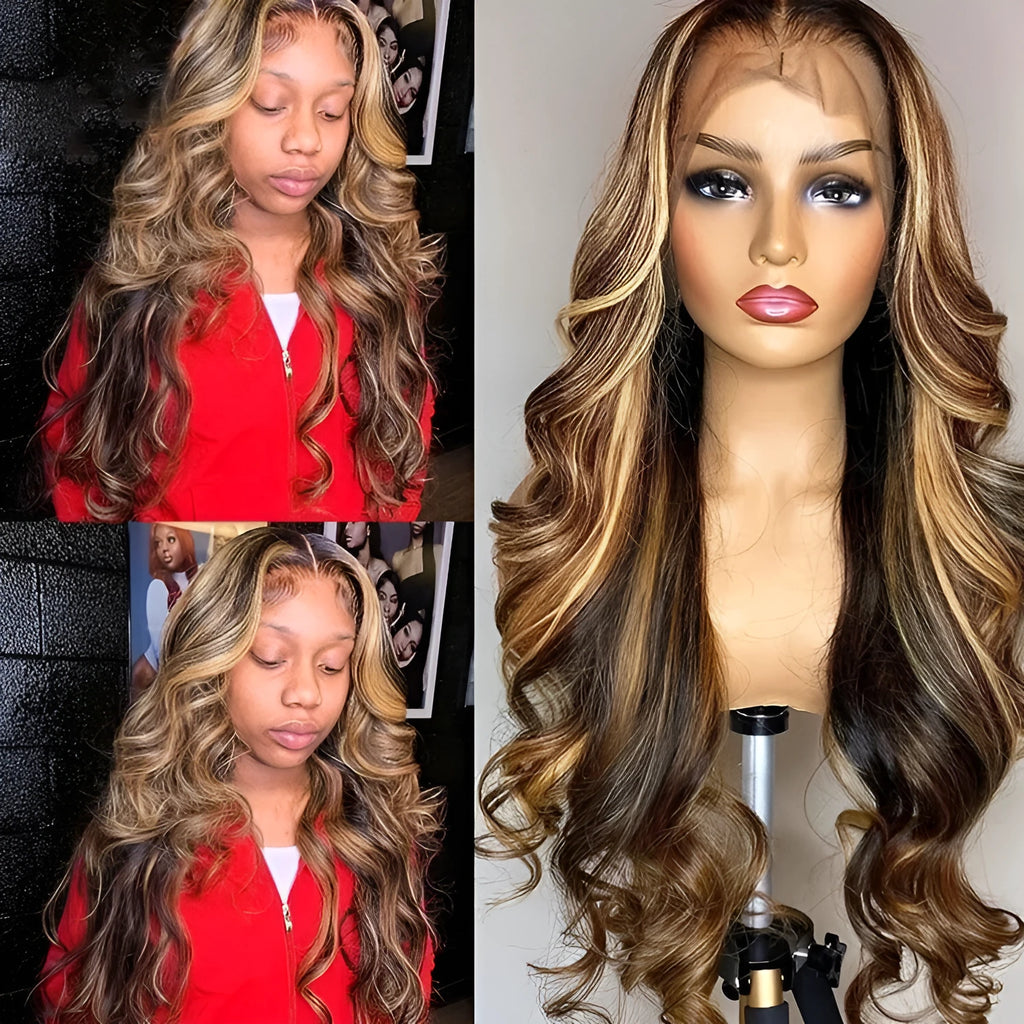 Front lace wig with long curly hair in gradient colours, showing side bangs and natural hairline placement