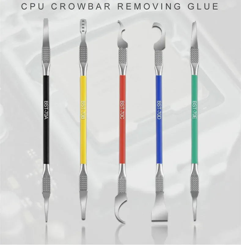 Five piece stainless steel plastic disassembly tool set with 0.07mm blades for precision work