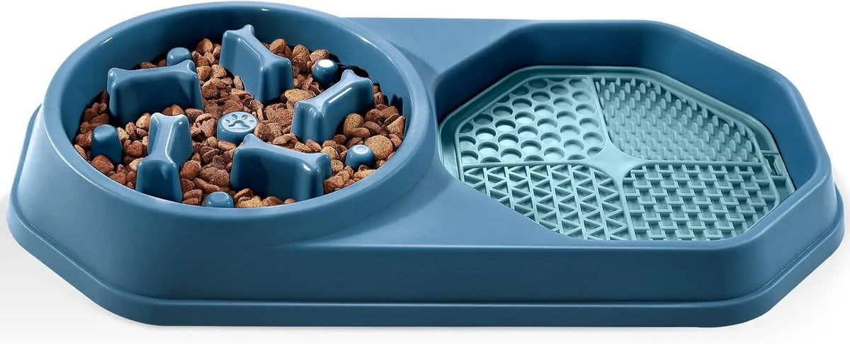 Blue interactive slow feeder dog bowl with maze design and non-slip pads for healthy eating