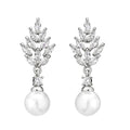 Pearl earrings with micro zircon accents in geometric flower design available in three metal plating options