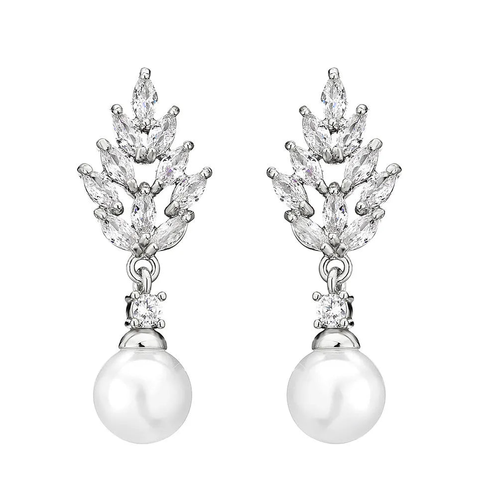 Pearl earrings with micro zircon accents in geometric flower design available in three metal plating options