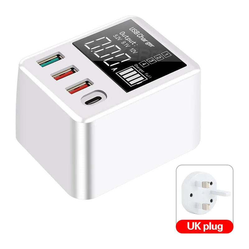 White 4-port USB travel charging head with LED display and multiple regional plug adapters