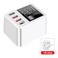 White 4-port USB travel charging head with LED display and multiple regional plug adapters