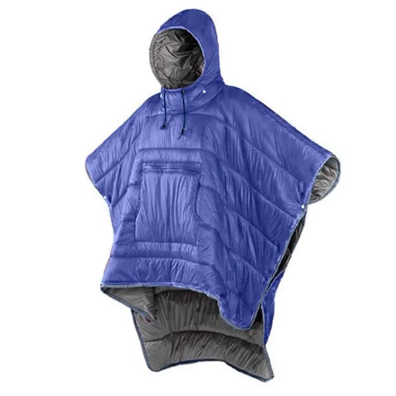 Adult wearing a grey outdoor cloak sleeping bag, showing its full 200x140cm size and hood.