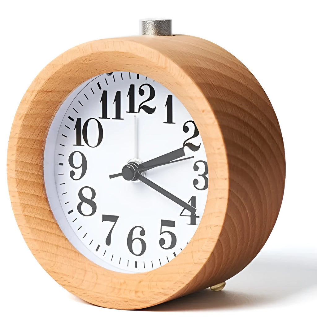 Solid beech wood student alarm clock showing 4-inch size and wooden construction