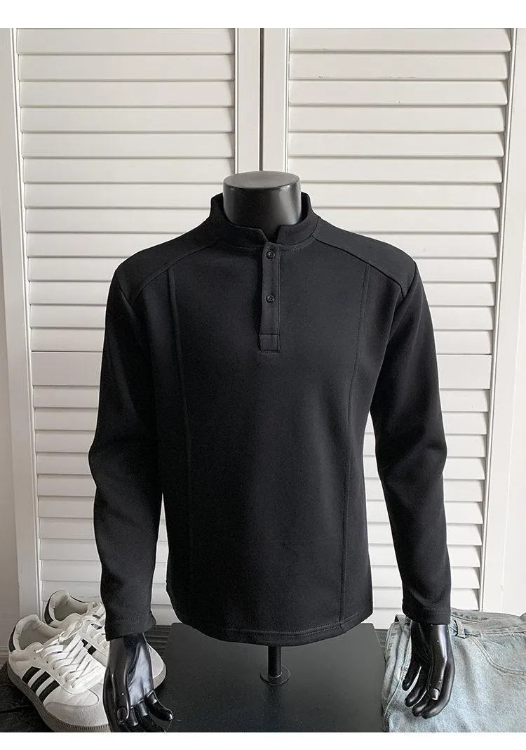 Men's loose fit patchwork collar polo shirt in white gray colour with stand-up collar and long sleeves
