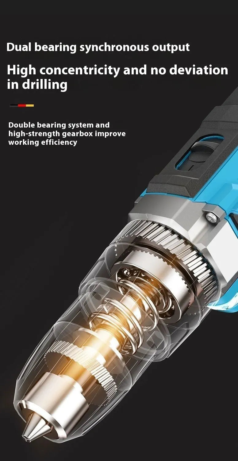 12V two-speed multi-function impact pistol drill electric screwdriver set in a luxury plastic box.