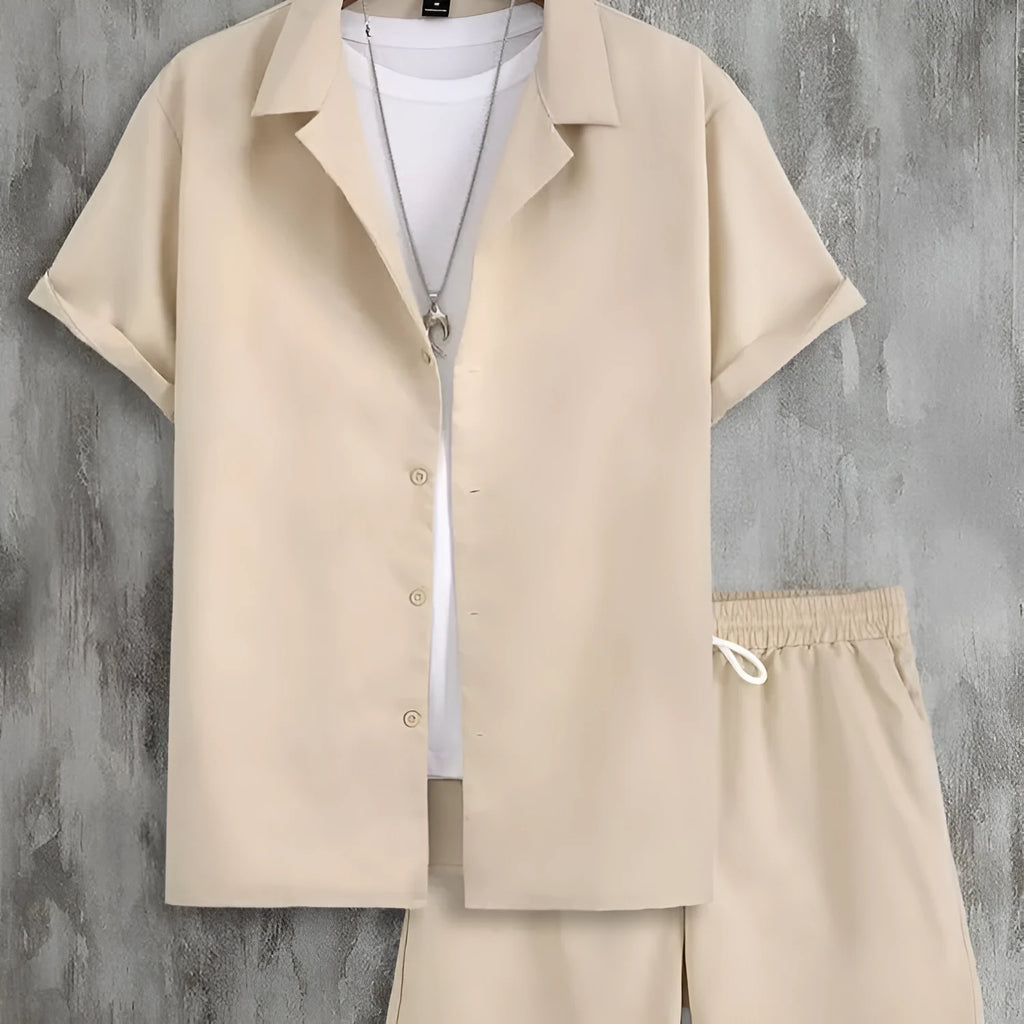 Men's short sleeve Cuban collar sport suit set with matching shorts in thin polyester fabric