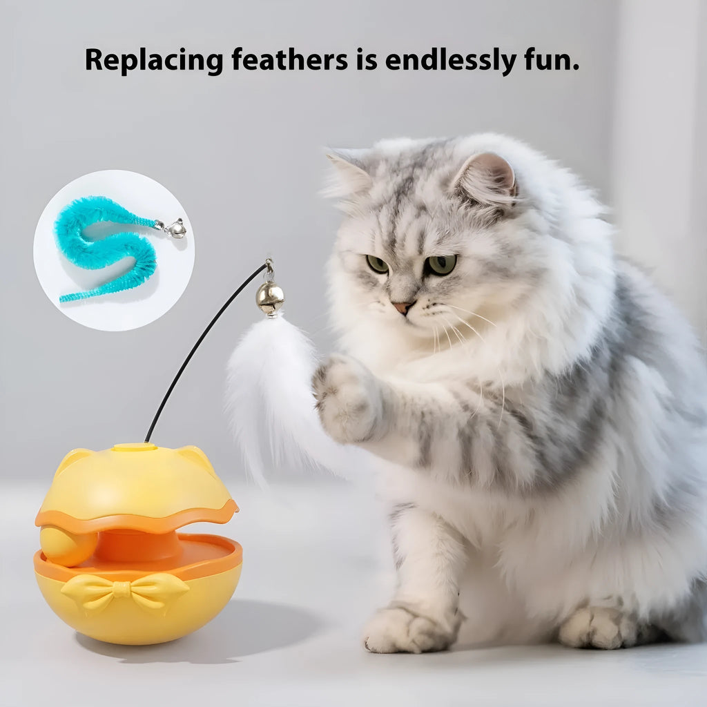Electric self-righting cat toy tumbler in lemon yellow, sky blue, and soft fog grey colour options