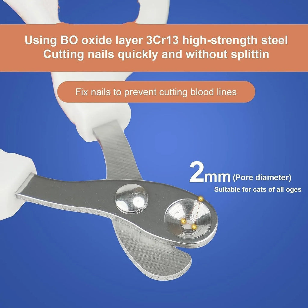 Blue cat nail clippers with circular cutting hole and cushioned handle on a white surface.