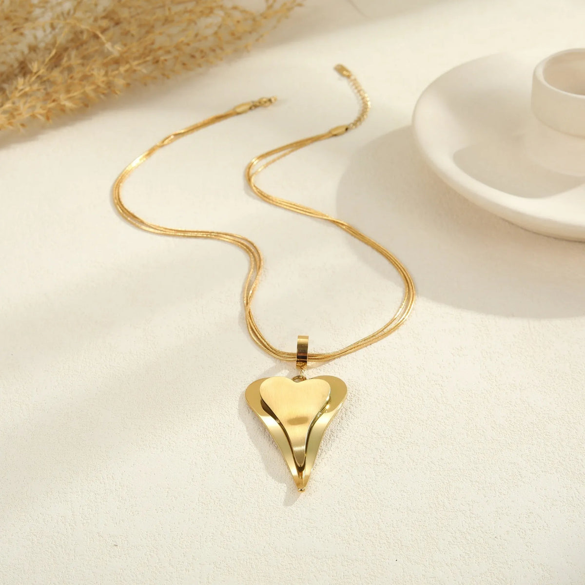 Women's stainless steel double heart snake bones geometric pendant necklace on regular chain