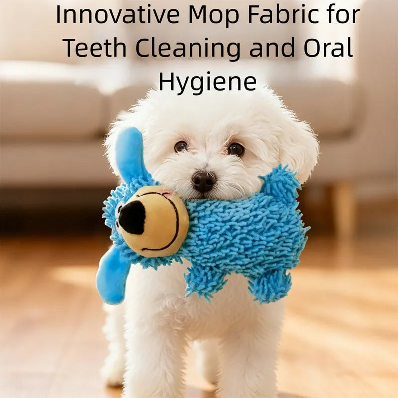 Blue plush dog-shaped squeaky toy for puppies and dogs, soft fabric with cheerful face