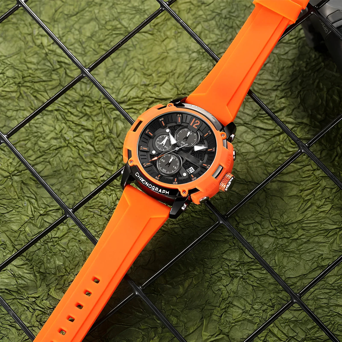 Men's black luminous waterproof quartz wristwatch with calendar display on 51mm case